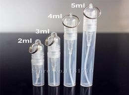 50pcslot 2ml3ml4ml5ml Plastic Perfume Spray Bottle Perfume Atomizer with Keychain Ring Cosmetic Sample Test Bottle Promotion T6044095
