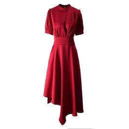 Summer Red Solid Color Panelled Dress Short Sleeve Stand Collar Waist Belted Midi Casual Dresses A4A291534