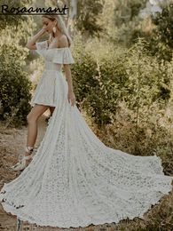 Bohemian Off The Shoulder High/Low Wedding Dresses Detachable Train Appliques Lace Bridal Gown