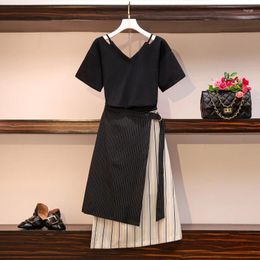 Work Dresses Summer Two-piece Set For Women V Neck Short Sleeve Cotton T-shirt Tops And Stripe Skirt Female Large Size Black Matching Suits