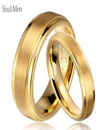 Soul Men 1 Pair Gold Color Tungsten Carbide Wedding Band Rings Set For Him And Her 6mm For Men 4mm For Women Brushed Finish J190715103865