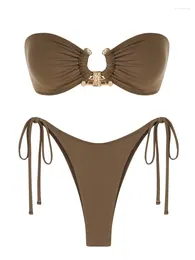 Women's Swimwear Solid O Ring 2024 Swimsuit For Women Tie Side Shiny Metal Hardware Bandeau Bikini Padded Bra Top Low Waisted