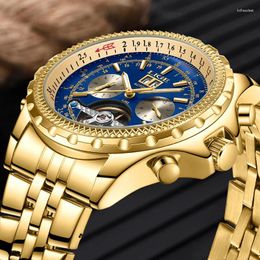 Wristwatches LIGE Brand Gold Watch Men Automatic Tourbillon Mechanical For Week Date Luminous Waterproof Men's Watches Reloj Hombre