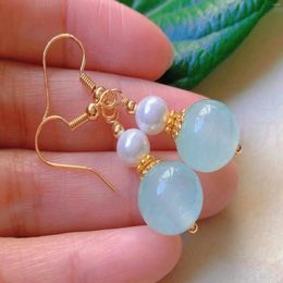 Dangle Earrings Fashion Cyan Round Chalcedony White Pearl Bead Gold Clip-on Formal Crystal Bridal Teens Children Modern