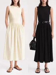 Casual Dresses Women High Waist Splice Midi Robe Sleeveless Round Neck Simple 2 Colors Ladies Dress Spring Summer 2024