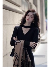 Casual Dresses Temperament Hanging Neck Hollow Knit Dress Women Korean Cross Fashion Slim Elastic Gentle Winter Wrapped Hip Bottom Skirts