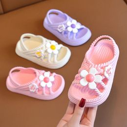 여름 어린이 슬리퍼 플라워 패턴 Lithe Comfort Sandal 28 세 소녀 Nonslip Seabeach Flip Flip Home Kids Shoes Y240420