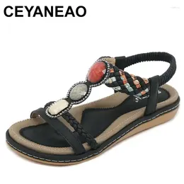 Sandals Women Flat With PU Round Toe Elastic Band Summer Rhinestone Fashion Trend Weave Bohemian Shoes