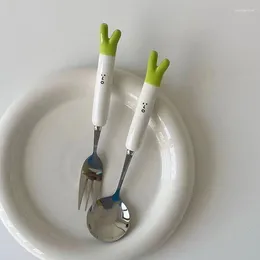 Dinnerware Sets Cute Cartoon Green Onion Stainless Steel Ceramic Tableware Creative Family Spoon And Fork Birthday Gifts For Boys Girls