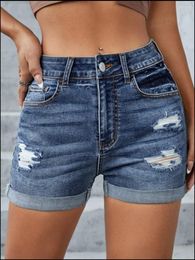 Women's Jeans LW High Waist Ripped Pocket Design Solid Skinny Stretchy Denim Shorts Women Casual Cuffed Hem Jean Pants