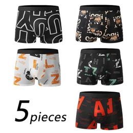 Underpants 5 pieces of mens boxing shorts underwear 2XL 3XL 4XL 4-color mixed random printing fitness soft fashion sports leisure Q240430