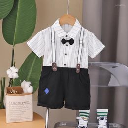 Clothing Sets 2024 Toddler Summer Outfits For Baby Boy Clothes 1 To 2 Years Vertical Striped Bow Tie Short Sleeve Shirts And Overalls Kids