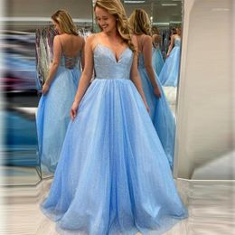Party Dresses V-Neck Spaghetti Straps Pocket Lace Up Blue Sparkle Tulle A-Line Prom Evening Gowns Vestido Formatura Longo