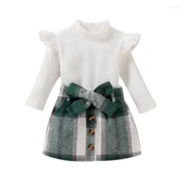 Clothing Sets Kids Girl Autumn Outfit Ruffle Long Sleeves Turtleneck Tops And Casual Plaid A-line Skirt With Belt Set