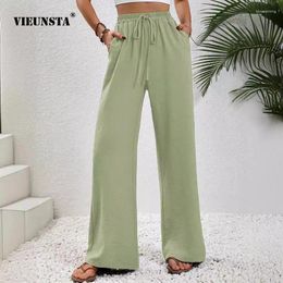 Women's Pants Fashionable Casual Straight Leg 2024 Summer Womens Solid Color Elastic Cotton Loose Tie Up Long Street Style