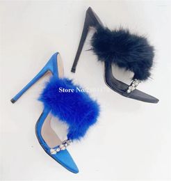 Sandals Luxurious Rhinestones Fur Thin Heel Slippers Pointed Open Toe Blue Black Crystals Straps Stiletto