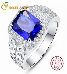 BONLAVIE 925 Sterling Silver Square Sapphire Blue Zircon Grain Relief Men039s Ring for Wedding and Engagement15859131