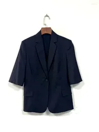 Women's Suits Wool Blend Single Button Mid Sleeve Blazer Female Solid Colour Shoulder Padded Commuter Jacket 2024 Summer