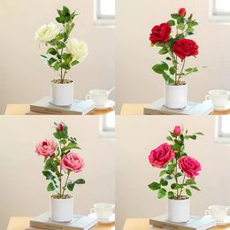 Decorative Flowers Artificial Rose Bonsai Plastic Simulation Plant Three Heads Home Office Balcony Desktop Decoration