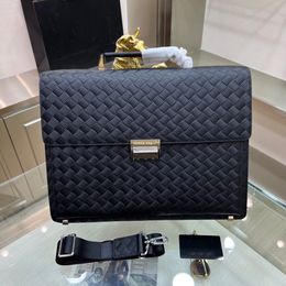 Laptop Bag Men Briefcase Black Woven Cross Pattern Cowhide Designer Business Briefcase Password Lock Flap Bag With Nameplate Computer Handbag Mirror Quality 39Cm