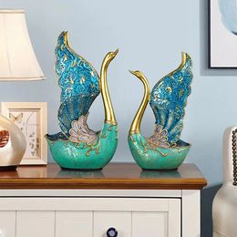 European Retro Painted Swan Statue 2pcs Resin Crafts Sculpture Desk Decoration Swan Ornaments Wedding Gifts Vintage Home Decor 240426