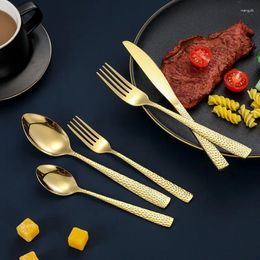 Dinnerware Sets Cutlery Set Stainless Steel Hammered Square Handle Knife Fork And Spoon 5 Piece Western Deluxe High Quality