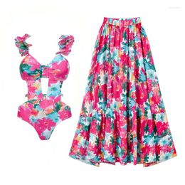 Women's Swimwear Flower Print Bikini Set Elastic Slim Hollow Out Lace-up Sexy Beach Vacation Summer Fashion 2024