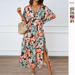 Hot selling Summer New Floral Print Long Dress with Elastic Band, V-neck Short Sleeved Women's Dress with Waistband