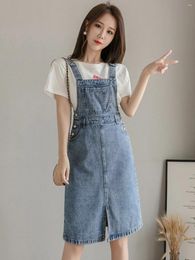 Casual Dresses Summer Women Slit Blue Denim Dress Temperament Short Suspender Leisure Female Strap