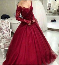 Women Arabic Evening Dresses Vneck Long Sleeves Beaded Applique Floor Length Burgundy Evening Party Dress6163512