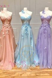 Party Dresses Long Prom 2024 Glitters Tulle Bling One Shoulder Pink/Blue/Lilac Lace Applique Floral Formal Graduation Evening Dress