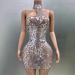 Casual Dresses Fashion Sparkly Mirror Surface Women Sexy Halter Backless Mini Dress Evening Party Performance Costume Nightclub Stage Wear