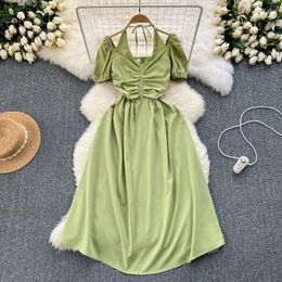 Casual Dresses Vintage V-neck Puff Sleeves Elegant Pleated Cut Out Dress Women A-LINE Fashion Summer Off Shoulder