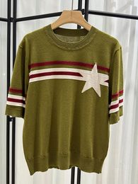 Women's Sweaters Female Round Neck Short Sleeve Knitwear Top Contrast Stars Wool Blend Sweater 2024 Summer