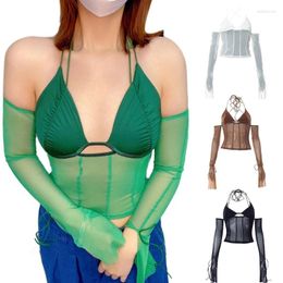 Women's T Shirts Women Long Sleeve Cutout Halter Crop Top Sexy Sheer Mesh Bodycon Bustier T-Shirt