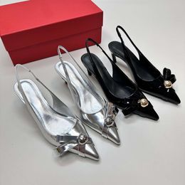 2024 Summer New Genuine Leather Pointed Thin Heel Bow Sexy Sandals Simple and Elegant Elegance Fashion High Heels