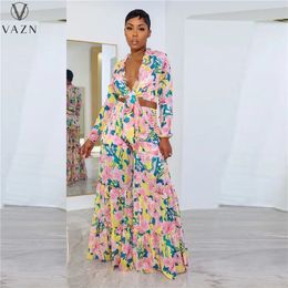 VAZN List Bohemian Retro Print Young Sexy Chiffon Full Sleeve Bandage Long Wide Leg Pants Slim Women 2 Piece Set 240424