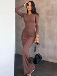 Casual Dresses YUZHEXI Women Bodycon Maxi Dress Fashion Slim Fit Solid Colour Round Neck Waist Ruched Long Sleeve Robe