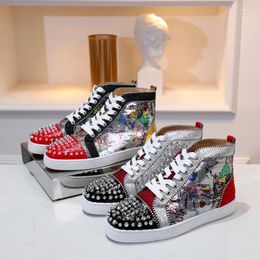 Casual Shoes Winter Men's Leather Rhinestone High Top Rivet Sequins Tide Board Mesh Red Soled Women