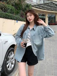 Women's Blouses Vintage Women Long Sleeve Denim Shirts Spring Turn-down Collar Button Design Loose Commuting Blouse Leisure Female Tops