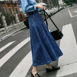 Skirts YASUGUOJI Fashion Vintage Jeans Skirt High Waist Women A-Line Pleated Denim Long Casual Female Big Hem Jean