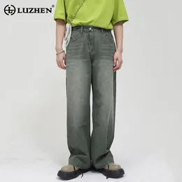 Men's Jeans LUZHEN Washed Frayed Mid-waist Loose Green Straight 2024 Spring Denim Long Pants Korean Trousers 9A1081