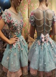 3D Floral Appliqued Homecoming Dresses Sweet 16 Short Sleeve Beads Prom Gowns Plus Size Vintage Formal Evening Dress4261698