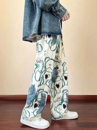 Fashion Y2k Print Wide leg Baggy Pants Men Korean Designer Student Streetwear Straight Long Trousers Casual Sport Hip hop 240426