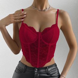 Women's Tanks Vemina Sexy Vneck Lace Embroidery Hollow Out Spaghetti Strap Slim Crop Top Sheer Halter Backless Camisole Vest Fishbone Corset