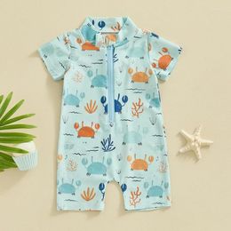 Clothing Sets Toddler Boys Swimsuit Sun Protection Short Sleeve Crewneck Crabs Print Zipper Swimwear