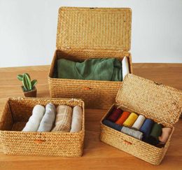 Woven Storage Basket With Lid Rattan Sundries Box Wicker Handmade Sorting Boxes Seagrass Jewellery Organiser 2106095838215