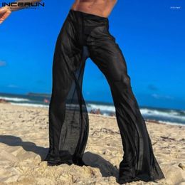 Calça masculina incerun homens malha de perna larga transparente solto calça de cintura elástica sexy 2024 streetwear cor de cor sólida moda pantalon