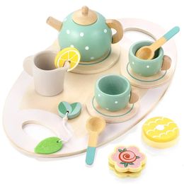 Wooden Afternoon Tea Set Toys for Girls Boys Toddlers Food Pretend Play Simulation Kitchen Wood Cup Kids 240416