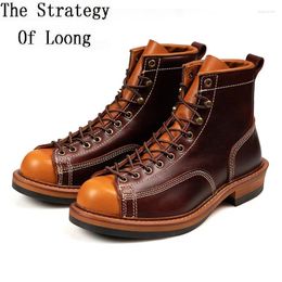 Casual Shoes Spring Autumn Retro Thick Heels Mixed Colors Sewing Genuine Leather Men Ankle Short Handmade Motorcycle Work Boots 2302